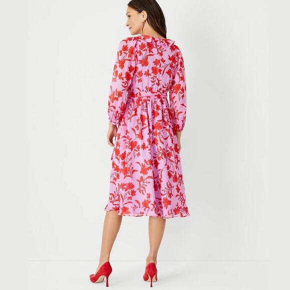 Ann Taylor Pink Floral Ruffle Faux Wrap Midi Dress Size 6 - Picture 8 of 11